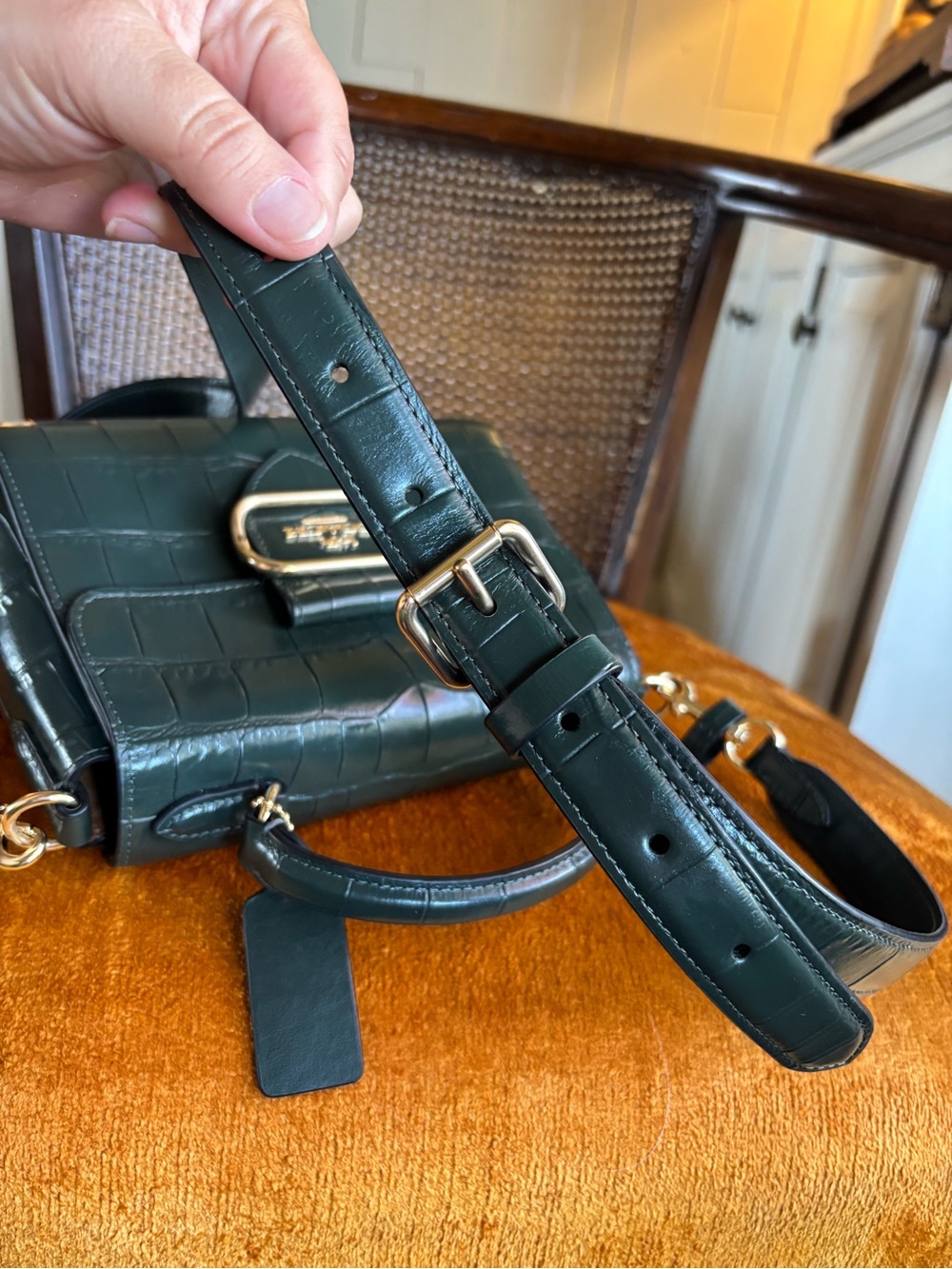 Coach Morgan Top Handle Satchel Croc Embossed Leather Green Crossbody Bag - Picture 8 of 16